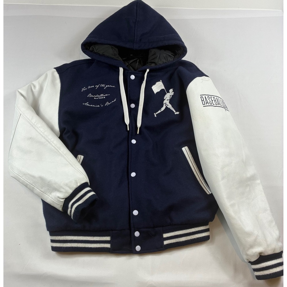 Baseballism Varsity Jacket Men XL Navy Blue White Hooded Wool Leather Sleeves